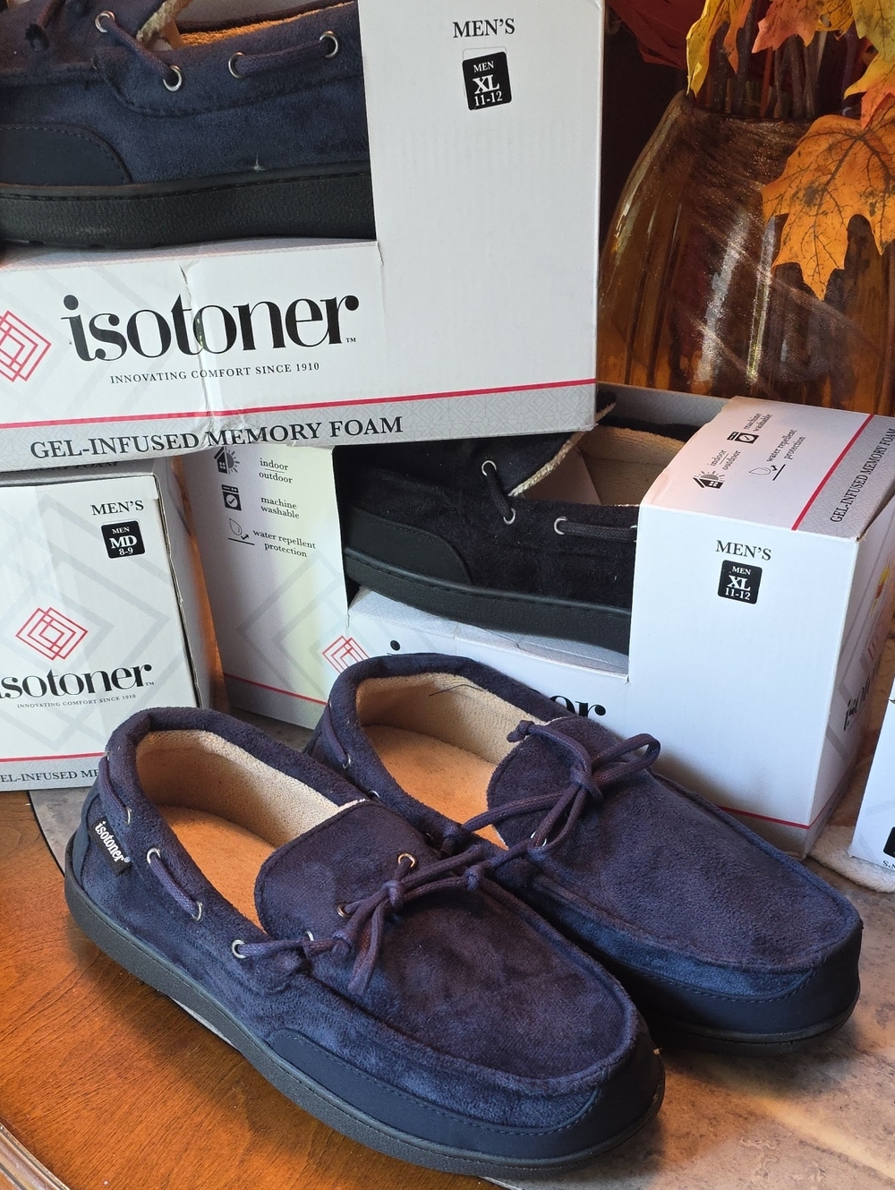 Isotoner Men’s Navy Or Black Suede Moccasin Slippers - Mem.Foam, Indoor Outdoor